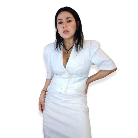 Jaeger vtge Britain made quilted roses puff sleeve jacket & high rise skirt set - Picture 3 of 8